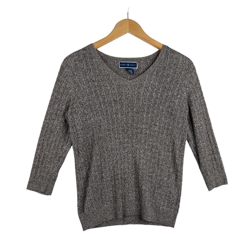 Karen Scott Womens Brown Marled Textured V Neck Sweater Size Medium